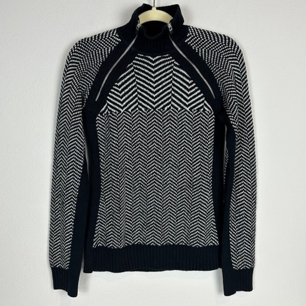 Tommy Hilfiger Black White Chevron Zipper Mock Turtleneck Sweater M